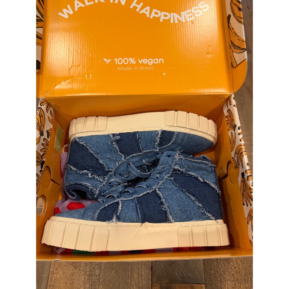 Farm Rio Patchwork Denim High Top Sneakers Blue Distressed Platform Vegan Shoes - Picture 10 of 11